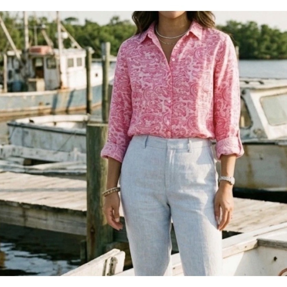Charter Club Luxury Linen Pink Alligator Crocodile Print Button Down Shirt M - Picture 6 of 15